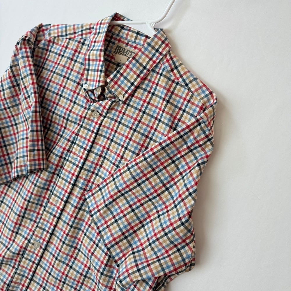 Duluth Trading Co Mens LG‎ Red Blue Plaid Short Sleeve Button Down Cotton Shirt